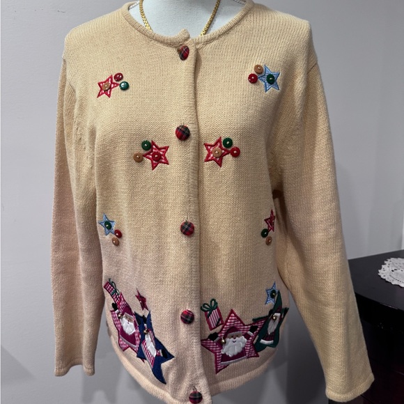 Crystal-Kobe Sweaters - Vintage Christian Festive Beige Sweater with Star Accents